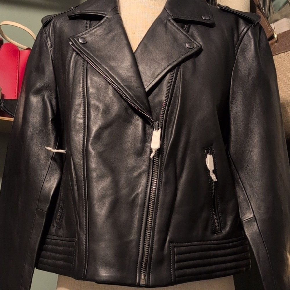 Nwt Tommy Hilfiger Black Leather Biker Jacket India Dress Club 46 US 14 - Picture 3 of 16